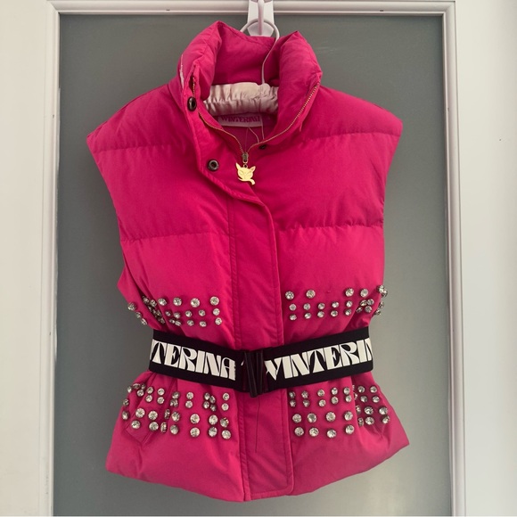 Winterina Jackets & Blazers - Winterina Pink Studded Puffer Vest with Belt